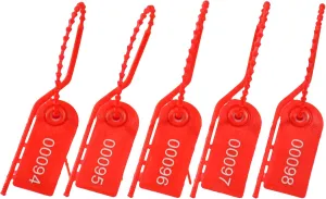 100 Plastic Security Seals Secure Anti-Tamper Fire Extinguisher Tags Numbered Zip Ties Inspection Tags Breakaway Label Tags Pull Tite Safey Tags for Bags, Clothes (Red)