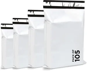 105 Pcs Poly Mailers - Mix Size - Self Sealing, Waterproof, Tear & Leakproof White Mailers - PE Poly Bags for Shipping - Easy to Use Plastic Mailing Bags for Small Businesses