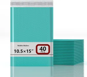 10.5x16 Inch Bubble Mailers 40 Pack, Waterproof Padded Envelopes with Strong Self-Seal Adhesive, Cushioning Shipping Bags with Bright Color for Small Business - Teal