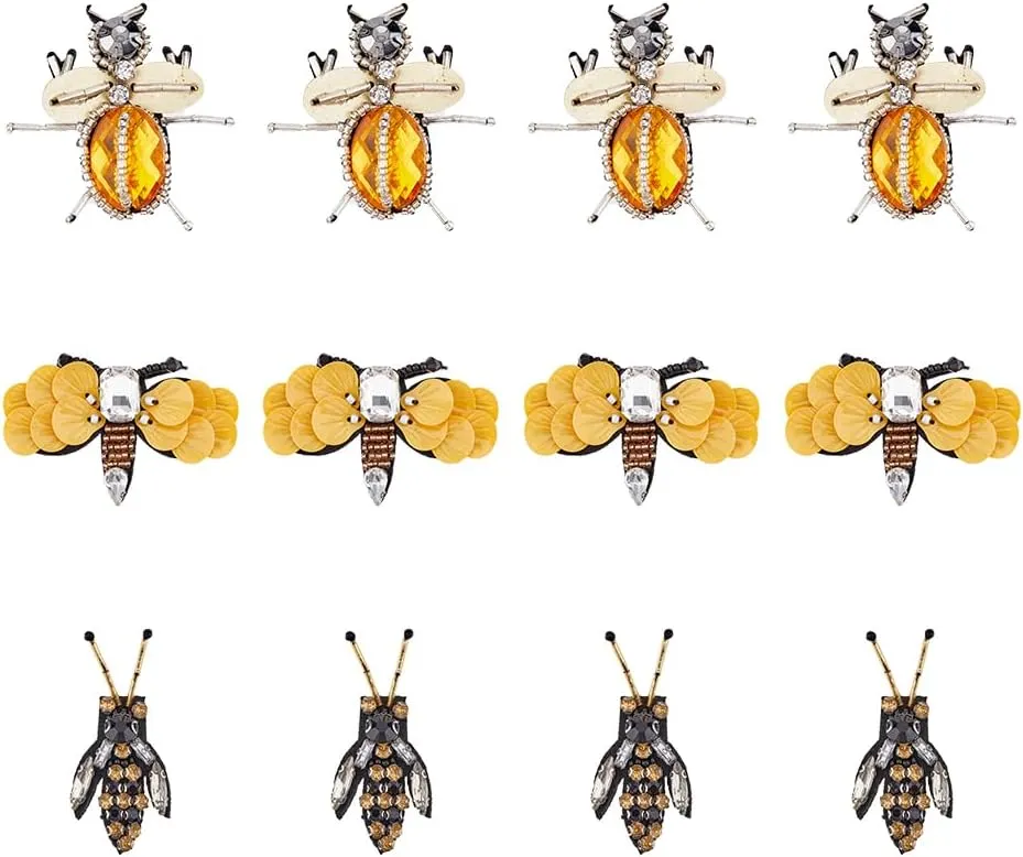 12Pcs 3 Styles Bees Patches Rhinestone Bead Patch Sew on Crystal Beaded Appliques Insect Patches Embroidery Patch for Jeans Jackets Clothing Handbag Shoes Dress DIY Crafting