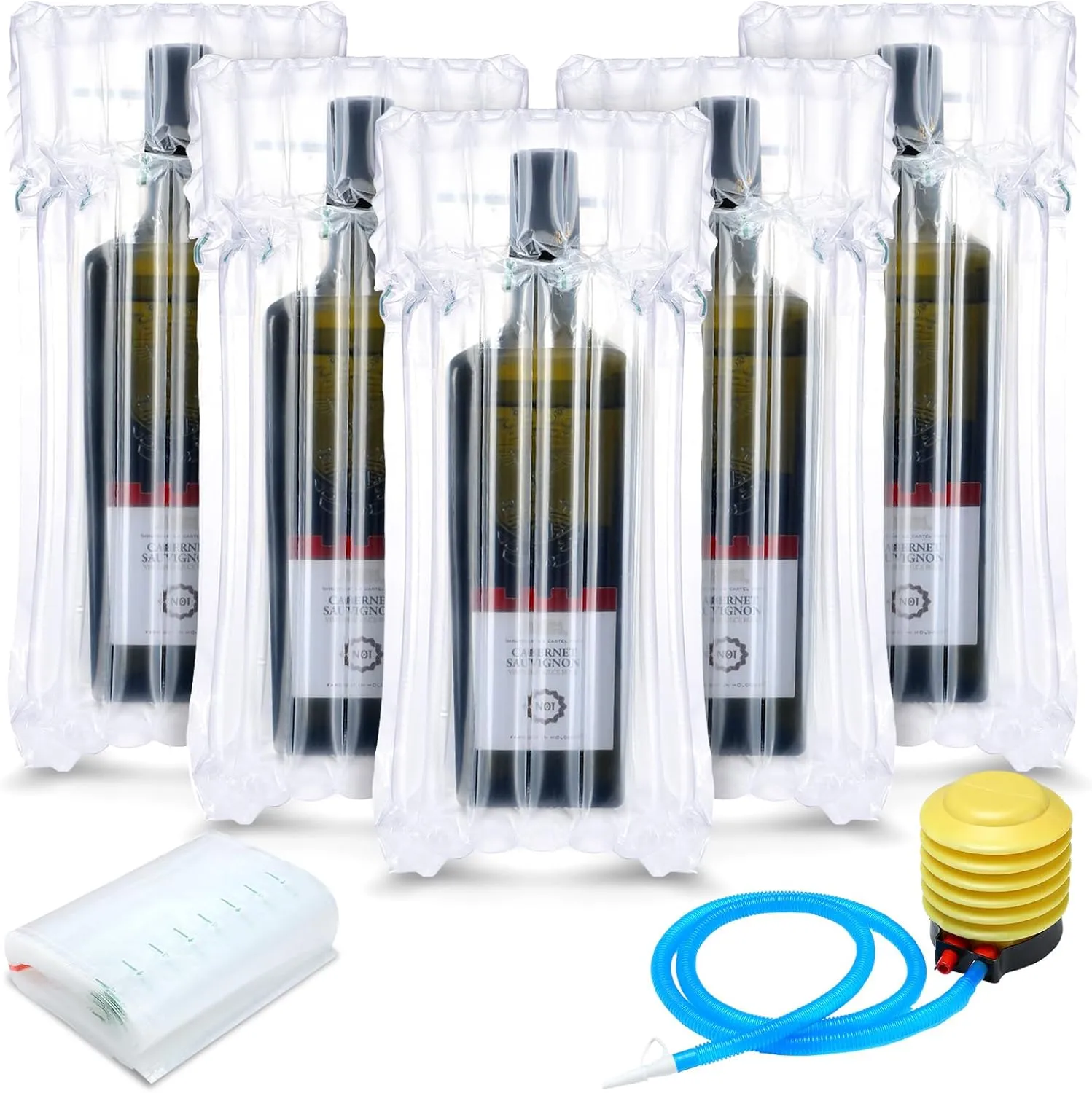 150 Pcs Wine Bottle Protector Bags for Travel Inflatable Air Column Wine Shipping Sleeves Cushion with Reusable Pump Bag for Travel, Safety Shipping