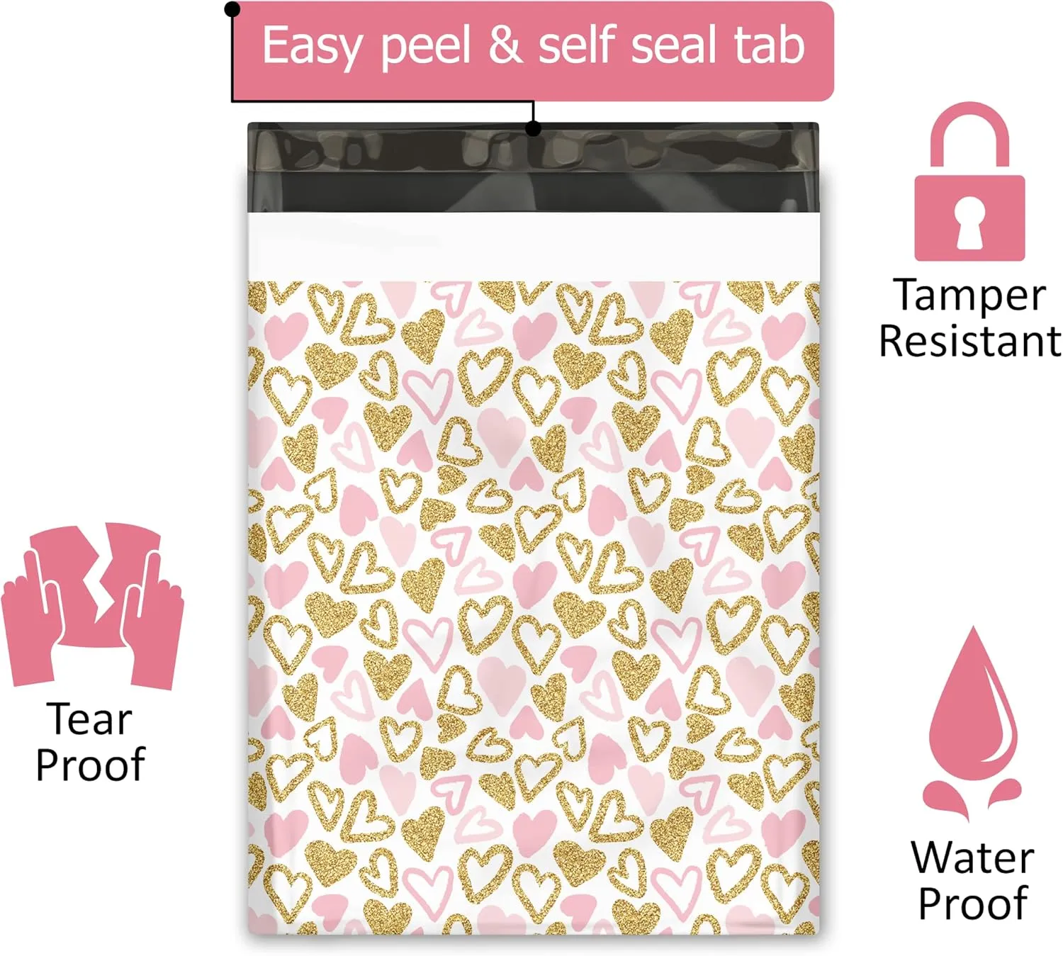 19x24 (25) Pink Hearts Designer Poly Mailers Waterproof Self Sealing Tear Resistant Polymailers Large Shipping Envelopes Premium Printed Bags For Small Businesses