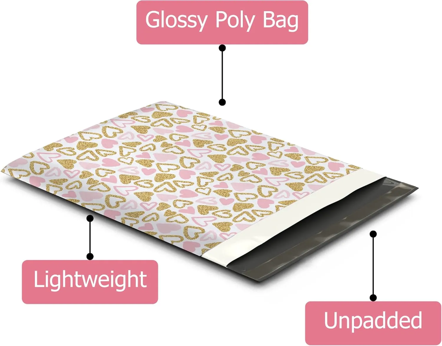 19x24 (25) Pink Hearts Designer Poly Mailers Waterproof Self Sealing Tear Resistant Polymailers Large Shipping Envelopes Premium Printed Bags For Small Businesses