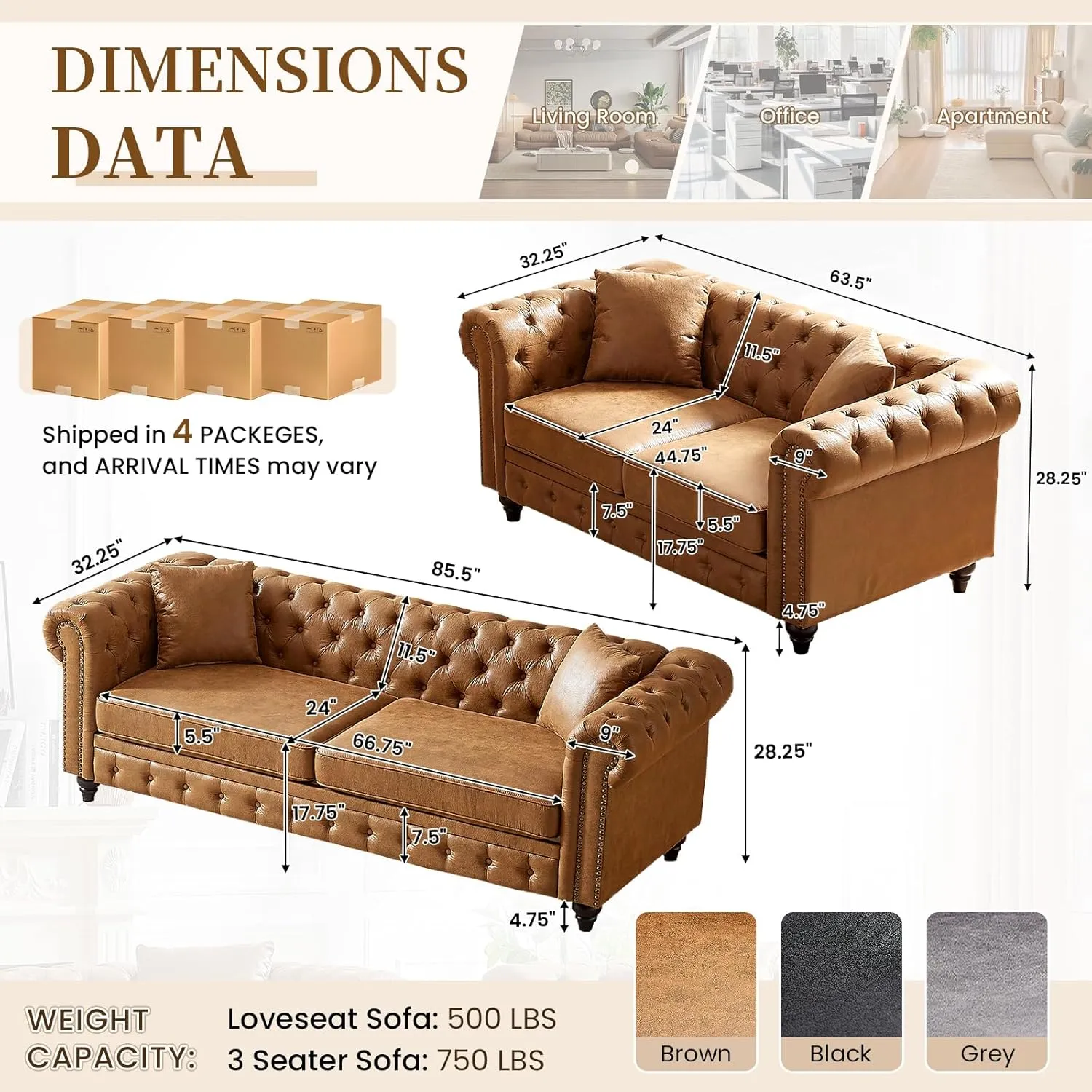2 Piece Living Room Sofa Set,Button Tufted Couch and Loveseat Set with Nailhead Trim&Roll Armrest,Upholstered Mid Century Modern Couch,Chesterfield Sofa for Living Room,Office(Loveseat 3 Seater,Brown)