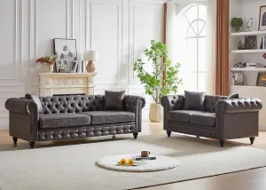 2 Piece Living Room Sofa Set,Button Tufted Couch and Loveseat Set with Nailhead Trim&Roll Armrest,Upholstered Mid Century Modern Couch,Chesterfield Sofa for Living Room,Office(Loveseat 3 Seater,Grey)