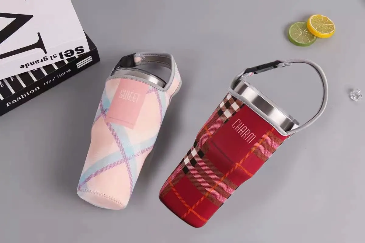 3PCS Tumbler 30oz Carrier Holder Pouch & Shoulder Strap for YETI, Rtic, Atlin, Ozark Trail, Rambler, Neoprene Sleeve with Carrying Handle-(Plaid Red,Pink,Black)