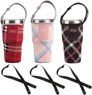 3PCS Tumbler 30oz Carrier Holder Pouch & Shoulder Strap for YETI, Rtic, Atlin, Ozark Trail, Rambler, Neoprene Sleeve with Carrying Handle-(Plaid Red,Pink,Black)
