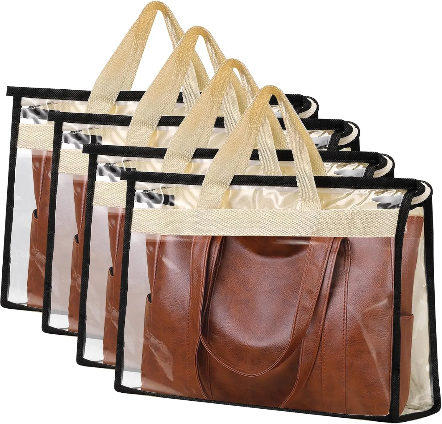4 PCS Dust Bags for Handbag,Purse Protector Storage Bag with Zipper and Handle,Clear Handbags Storage Organizer,Plastic Protective Waterproof Handbag Protector for Closet,Off White