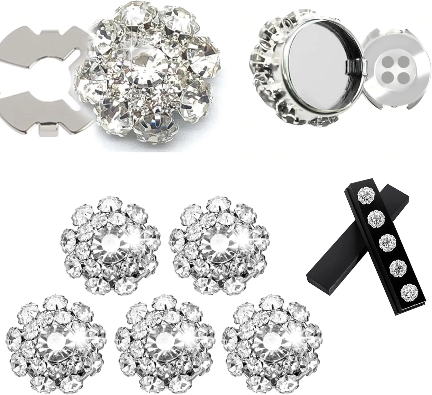 5 Sets Rhinestone Button Covers for Women Blouses Men Tuxedos with 10-Piece 11.5mm Buttons,Sewing Kit Replacement for Cufflinks,Shirts,Clothes,DIY Craft Supplies, Holiday Dress Decoration