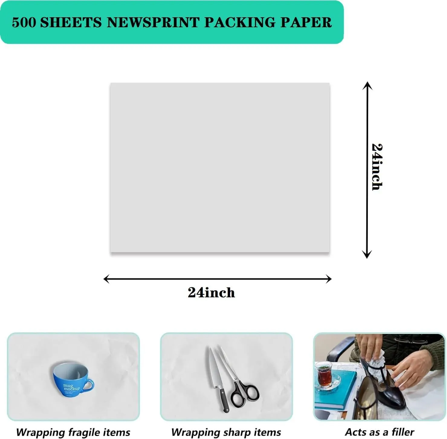 500 Sheets Large Packing Paper for Moving Supplies 24x24 Inch, 17.6lb Newsprint Packaging Paper for Wrapping Shipping Fragile Items