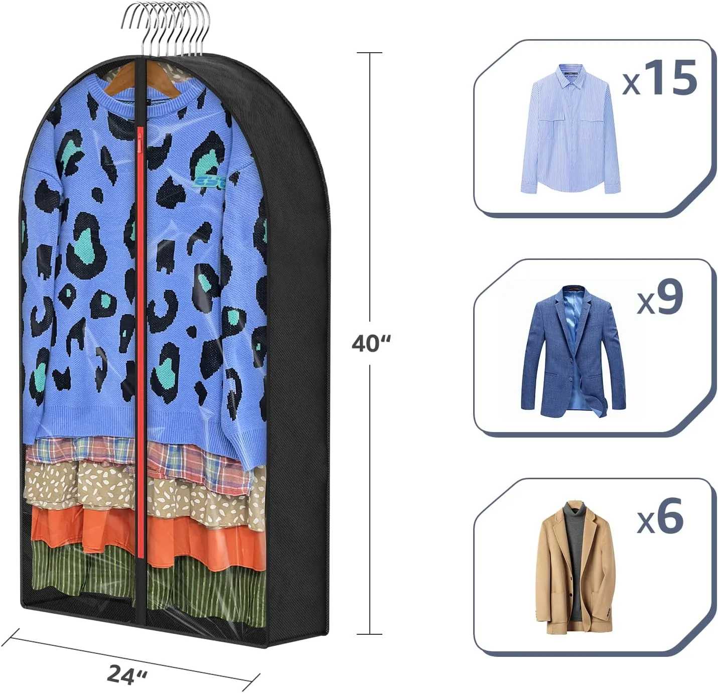 6.5" Gussetes Garment Bags for Hanging Clothes Storage, 40" Suit Cover Bags for Closet Travel (Set of 6), Clear Hanging Clothes Storage with Zipper for Clothing
