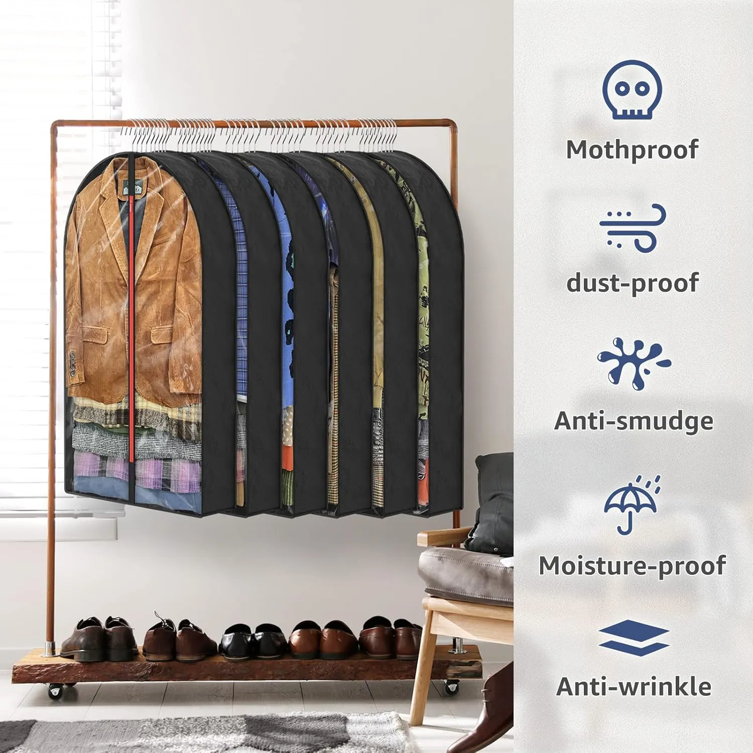 6.5" Gussetes Garment Bags for Hanging Clothes Storage, 40" Suit Cover Bags for Closet Travel (Set of 6), Clear Hanging Clothes Storage with Zipper for Clothing