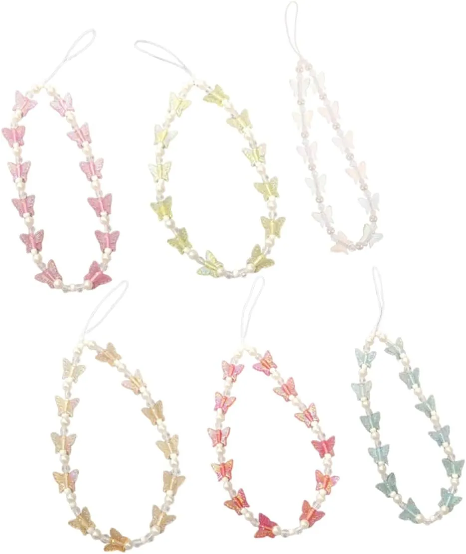 6Pcs Beaded Phone Charm Strap with Butterfly Pendant Cute Mobile Phone Lanyard Accessories for Handbag Decoration Fade Resistant Cell Phone Keychain for Personalizing Bags