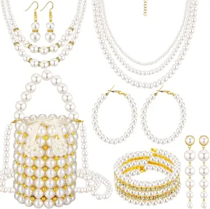 7 Pcs Pearls Purses Set Beaded Bucket Handbag for Women Pearl Necklace Bracelet Earring Set Evening Bags with Chain for Wedding Party(White Gold)