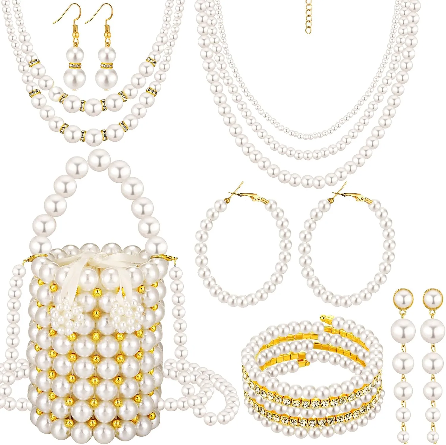 7 Pcs Pearls Purses Set Beaded Bucket Handbag for Women Pearl Necklace Bracelet Earring Set Evening Bags with Chain for Wedding Party(White Gold)
