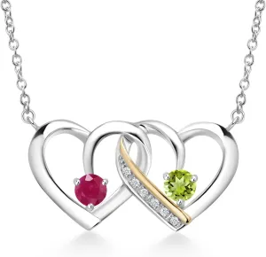 925 Silver and 10K Yellow Gold Red Ruby and Green Peridot and White Lab Grown Diamond Interlocking Heart Pendant Necklace For Women (0.68 Cttw, Gemstone July Birthstone, with 18 Inch Chain)