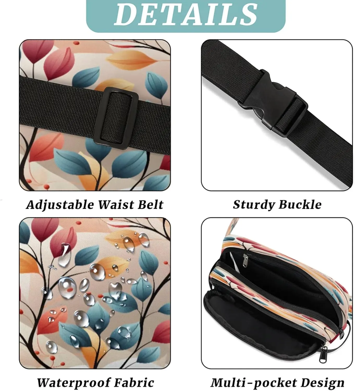 Abstract Leaf Art Waterproof Unisex Square Fanny Pack, Adjustable Waist Bag with Pockets, Sturdy Lightweight Crossbody Bag for Travel, Running, Hiking (9x6.1x2.5 Inches)