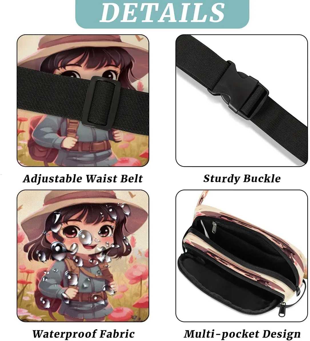 Adventure Girl Men's and Women's Waist Pack Crossbody Cartoon Girl Waist Pack Running Strap, Adjustable Shoulder Strap - For Hiking and Running Exercise Fitness