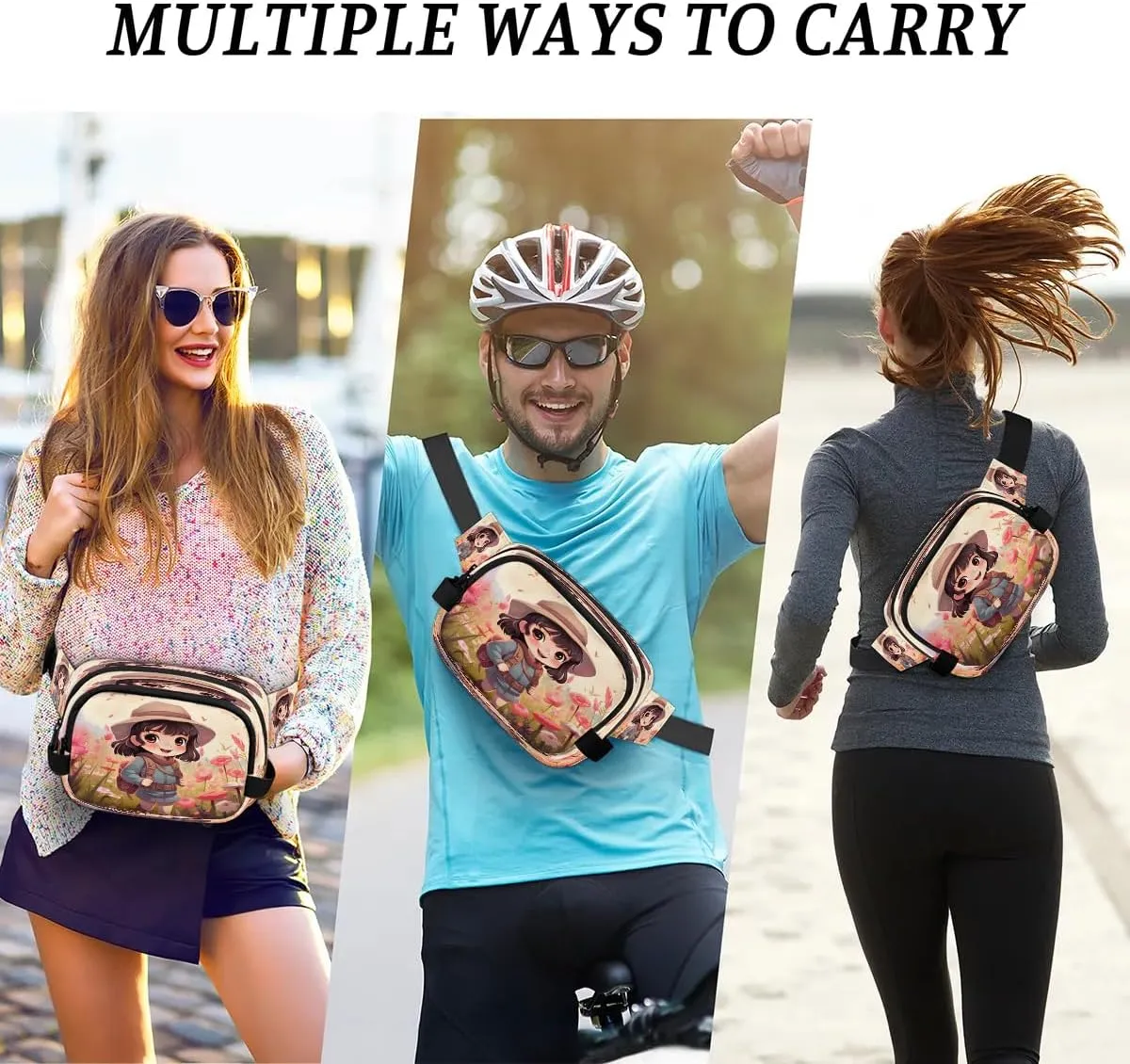 Adventure Girl Men's and Women's Waist Pack Crossbody Cartoon Girl Waist Pack Running Strap, Adjustable Shoulder Strap - For Hiking and Running Exercise Fitness