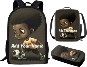 African Boy Custom Name School Bag with Lunch Box Pencil Case Set 3 in 1, Primary Elementary Football Book Bags for Kids African Personalized Backpack for 2Nd/ 3Rd/4Th/5Th Grade
