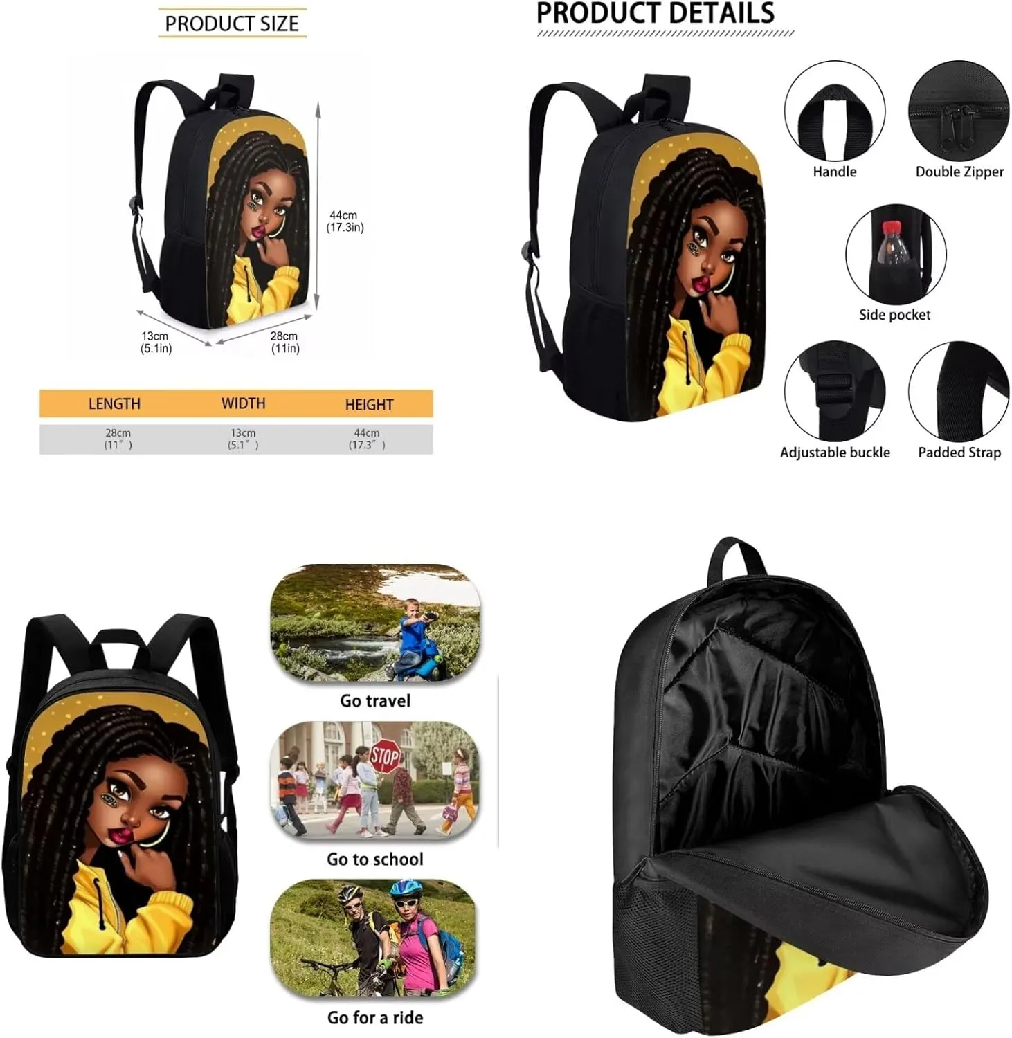 African Girl Backpack for School Lunch Box Kids Bookbag Girls School Bags Magic Afro Women Print Backpack Lunchbag Pencil Case for Kids Elementary