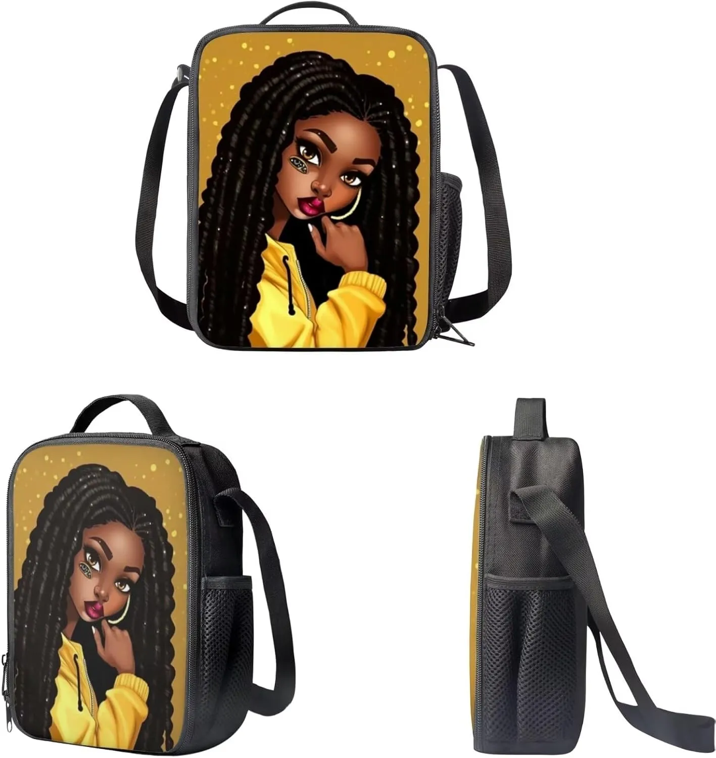 African Girl Backpack for School Lunch Box Kids Bookbag Girls School Bags Magic Afro Women Print Backpack Lunchbag Pencil Case for Kids Elementary