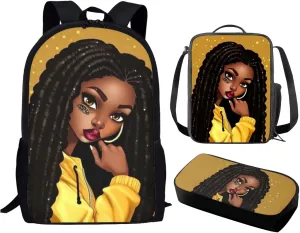 African Girl Backpack for School Lunch Box Kids Bookbag Girls School Bags Magic Afro Women Print Backpack Lunchbag Pencil Case for Kids Elementary