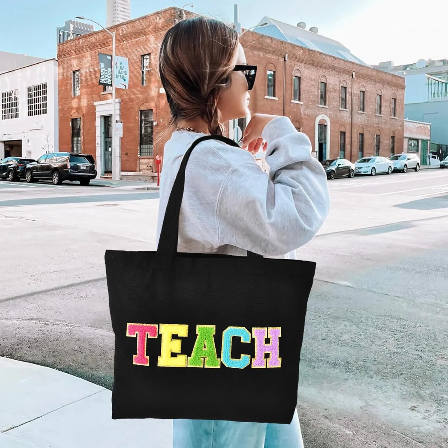 Aileam Teacher Tote - Canvas Bag with Zipper Pocket, Reusable Grocery Shopping & Travel Beach Bag