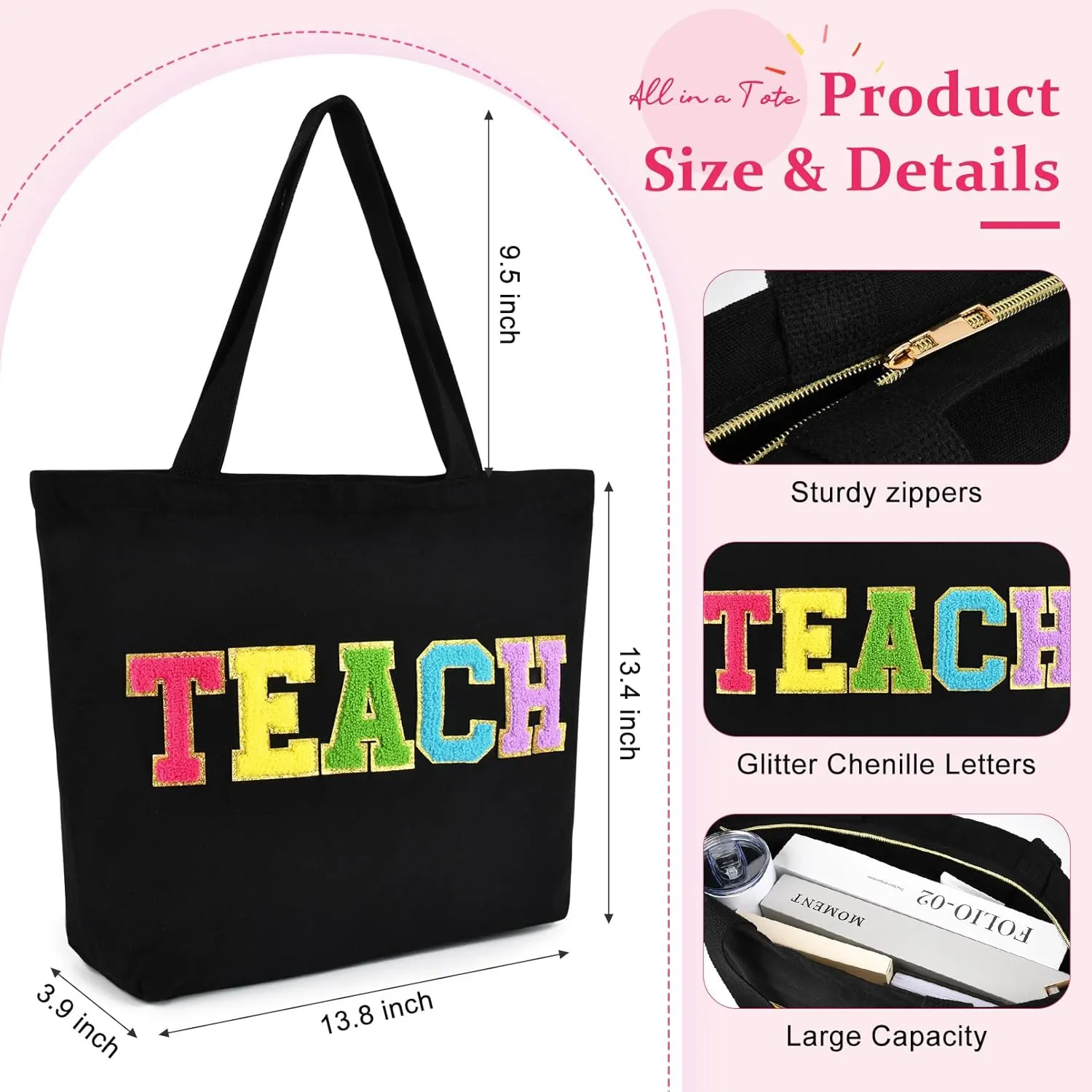 Aileam Teacher Tote - Canvas Bag with Zipper Pocket, Reusable Grocery Shopping & Travel Beach Bag
