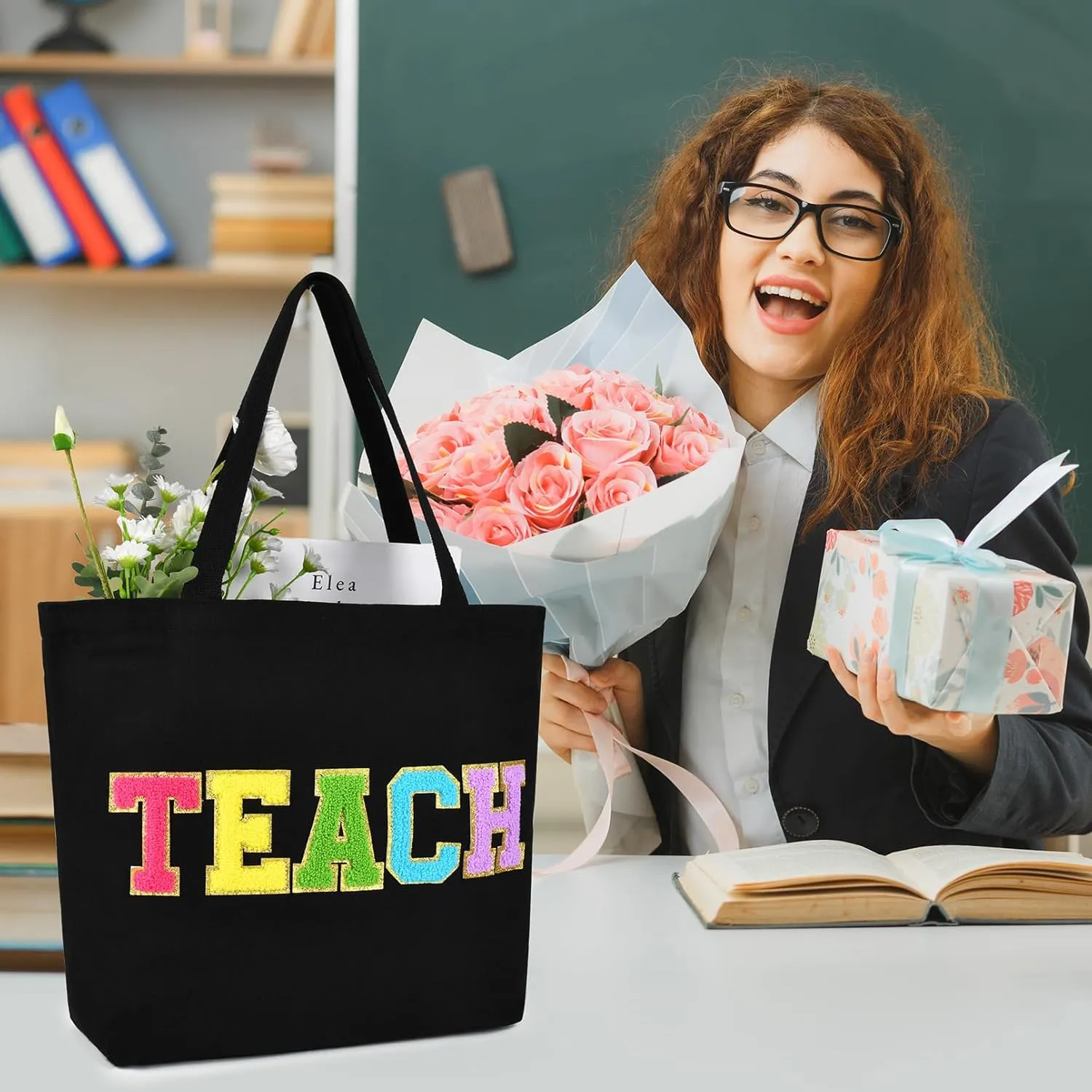Aileam Teacher Tote - Canvas Bag with Zipper Pocket, Reusable Grocery Shopping & Travel Beach Bag