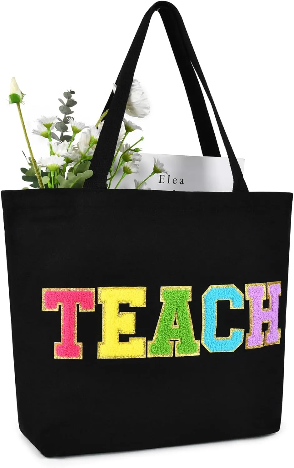 Aileam Teacher Tote - Canvas Bag with Zipper Pocket, Reusable Grocery Shopping & Travel Beach Bag