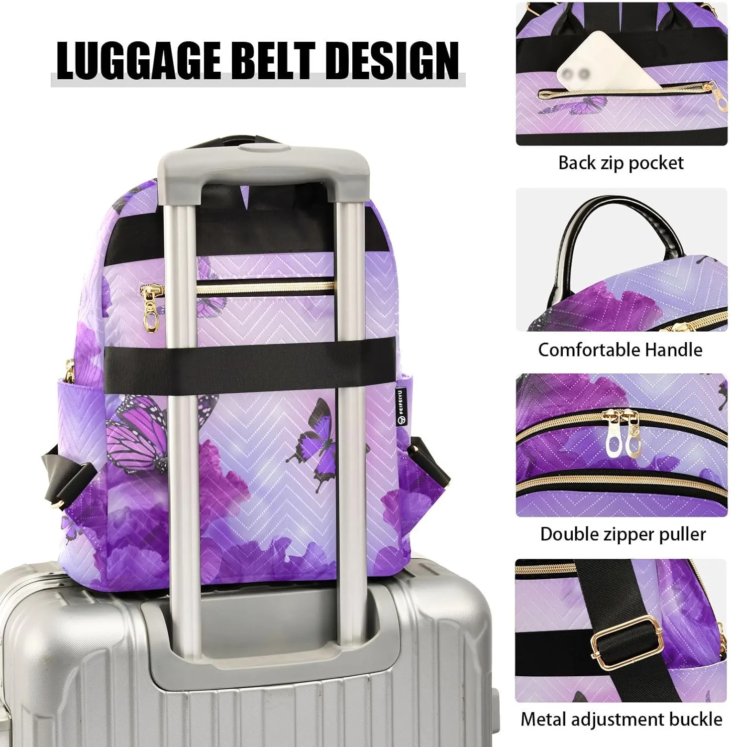 ALAZA Mini Backpack Purse for Women Lightweight Girls Small Size Butterfly Purple Flower School Teens College Traveling