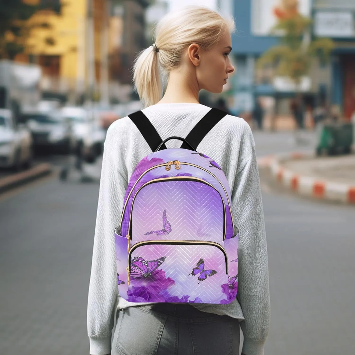 ALAZA Mini Backpack Purse for Women Lightweight Girls Small Size Butterfly Purple Flower School Teens College Traveling