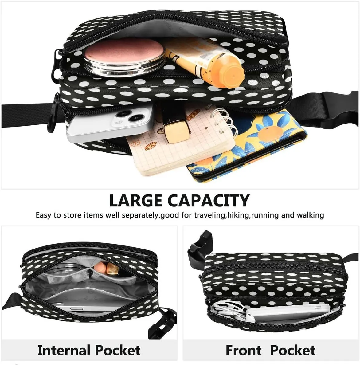 ALAZA Polka Dot Black White Waist Packs Spot Belt Bag Crossbody Bag Fanny Pack Pouch for Men Women Hiking Running Cycling Traveling