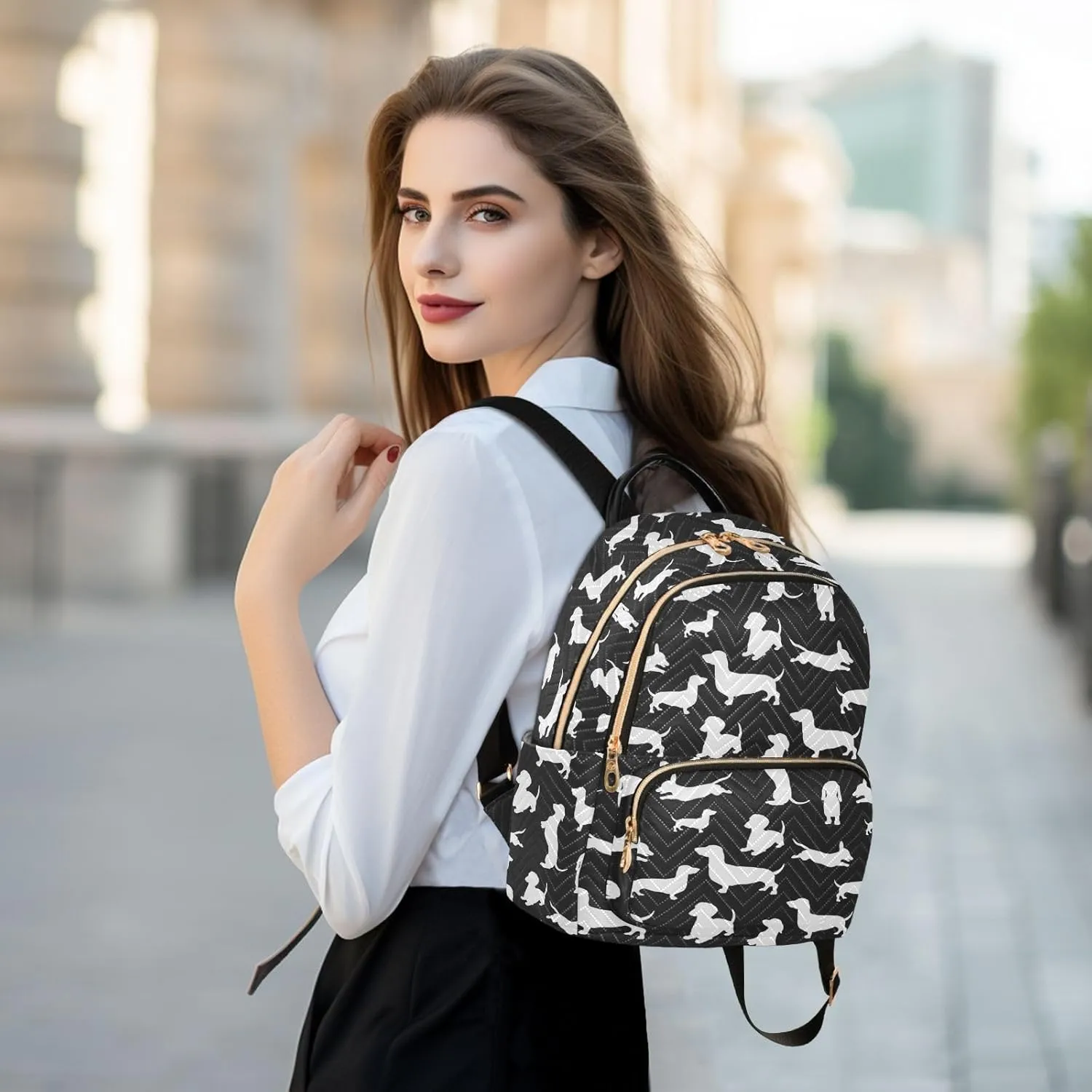 ALAZA Travel Backpack Purse for Women Fashion Anti-theft Work Casual Dachshund Dog Cartoon Black Daypack Shoulder Bag Medium Size