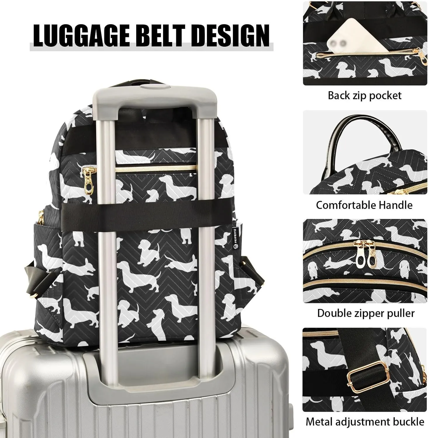 ALAZA Travel Backpack Purse for Women Fashion Anti-theft Work Casual Dachshund Dog Cartoon Black Daypack Shoulder Bag Medium Size