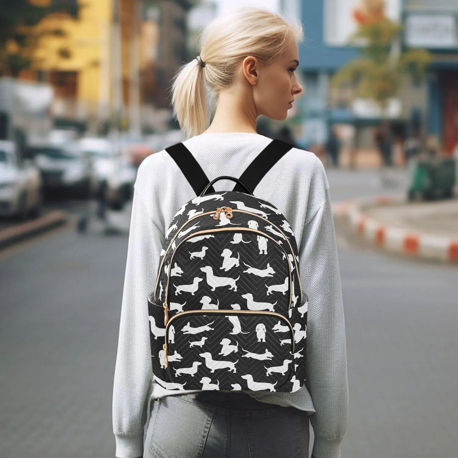 ALAZA Travel Backpack Purse for Women Fashion Anti-theft Work Casual Dachshund Dog Cartoon Black Daypack Shoulder Bag Medium Size