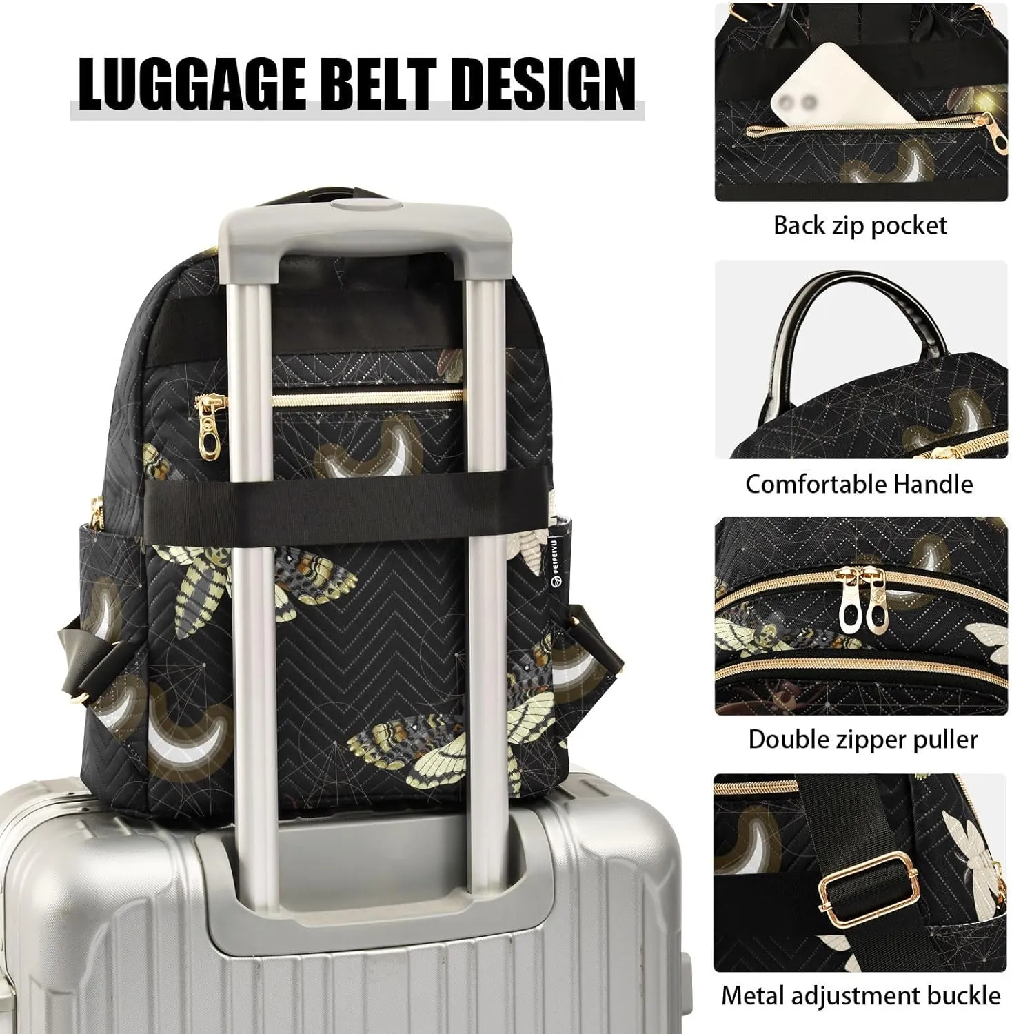 ALAZA Travel Backpack Purse for Women Fashion Anti-theft Work Casual Death Moth Butterfly Daypack Shoulder Bag Medium Size