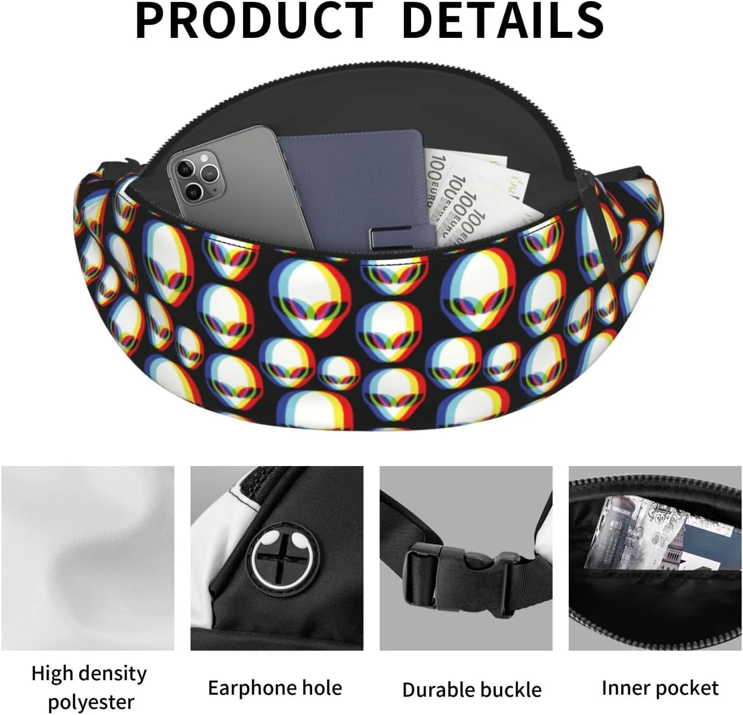 alien abstract fashion Fashion casual fanny pack waist bag men women adjustable belt waist bag for travel hiking cycling running festival carnival