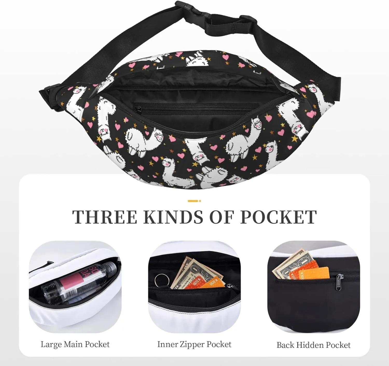 Alpaca Llama Large Crossbody Fanny Pack Belt Bag With 3 Zipper Pockets, Gifts For Sports Festival Workout Traveling Running Casual Hands Free Waist Pack Wallets Phone Bag