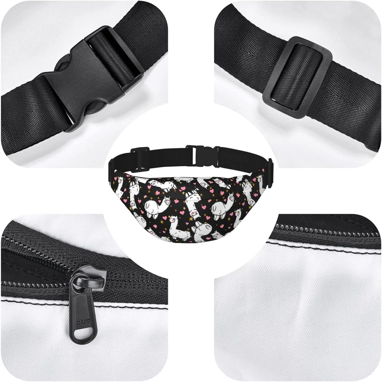 Alpaca Llama Large Crossbody Fanny Pack Belt Bag With 3 Zipper Pockets, Gifts For Sports Festival Workout Traveling Running Casual Hands Free Waist Pack Wallets Phone Bag