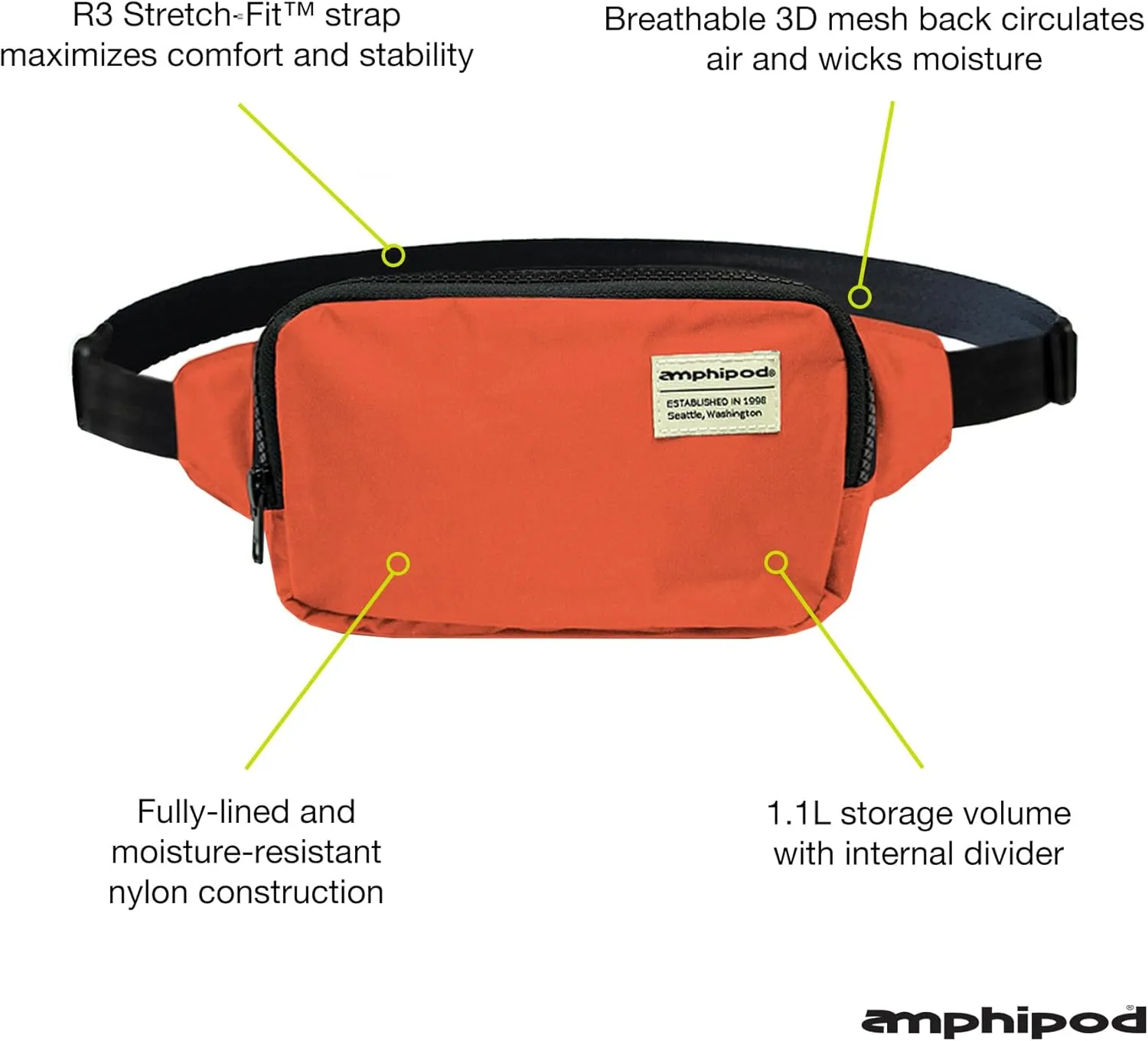 Amphipod R3 Convertible Pack, Lightweight Runners Pack & Crossbody Bag for Running, Travel, Hiking, Every Day, Men & Women - Mandarin/Slate