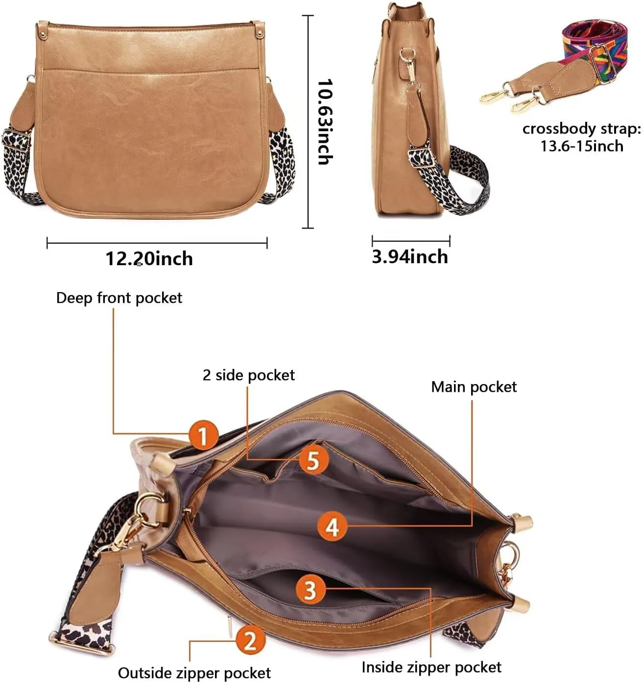 AUYOCO Vegan Leather Crossbody Bags for Women, Crossbody Purse with Guitar Strap Zipped Pockets Handbag Shoulder Bag