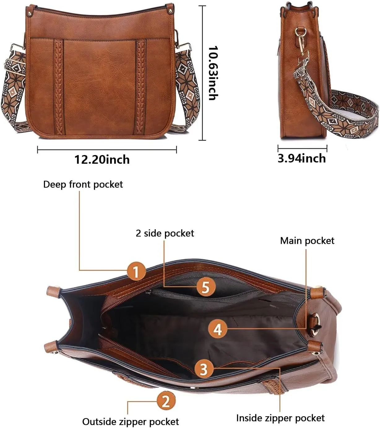 AUYOCO Vegan Leather Crossbody Bags for Women, Crossbody Purse with Guitar Strap Zipped Pockets Handbag Shoulder Bag