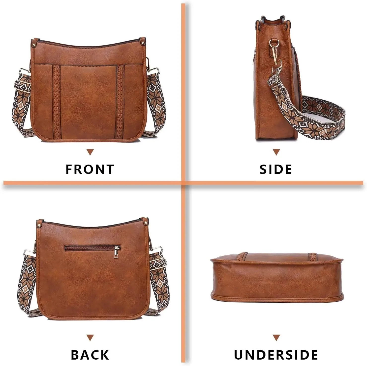 AUYOCO Vegan Leather Crossbody Bags for Women, Crossbody Purse with Guitar Strap Zipped Pockets Handbag Shoulder Bag