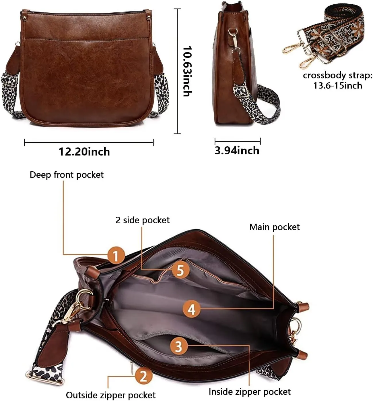 AUYOCO Vegan Leather Crossbody Bags for Women, Crossbody Purse with Guitar Strap Zipped Pockets Handbag Shoulder Bag