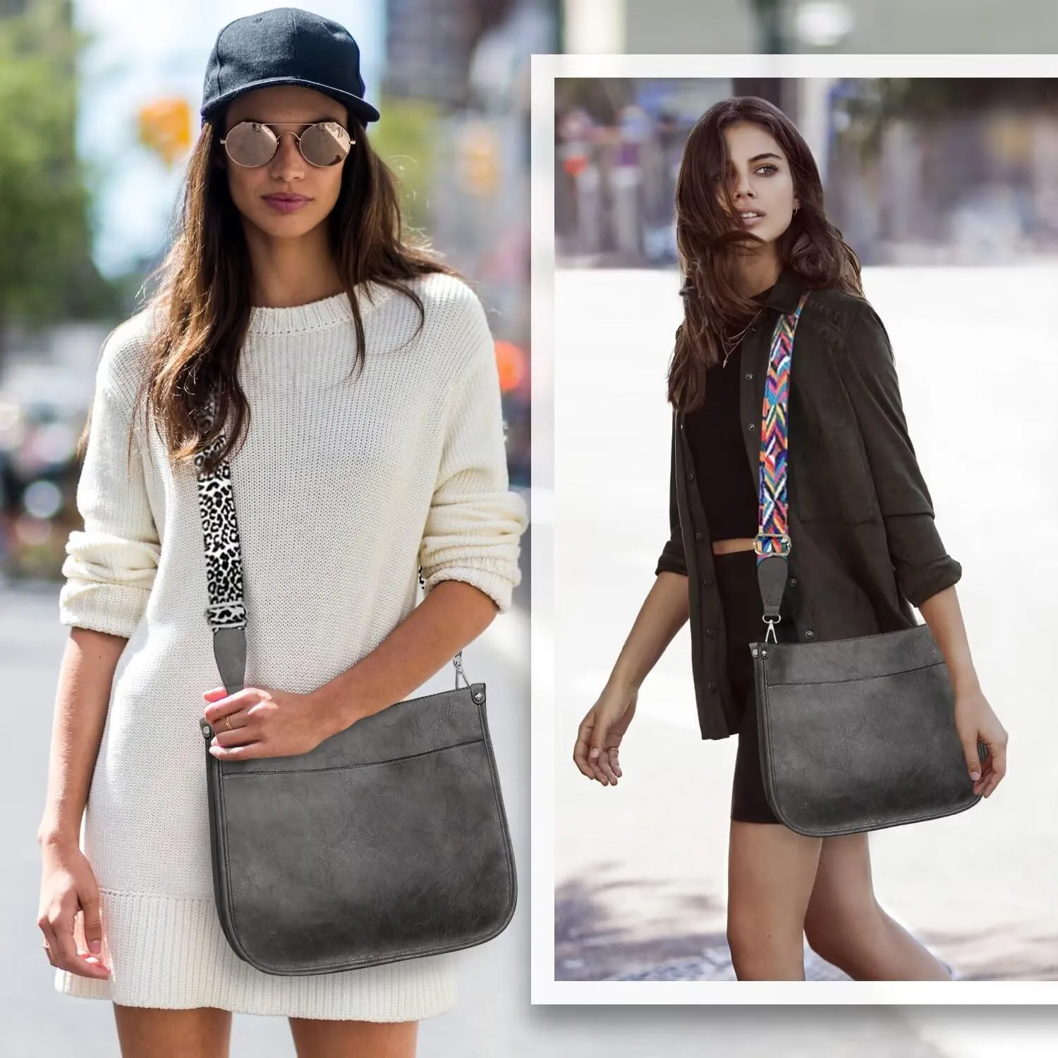 AUYOCO Vegan Leather Crossbody Bags for Women, Crossbody Purse with Guitar Strap Zipped Pockets Handbag Shoulder Bag