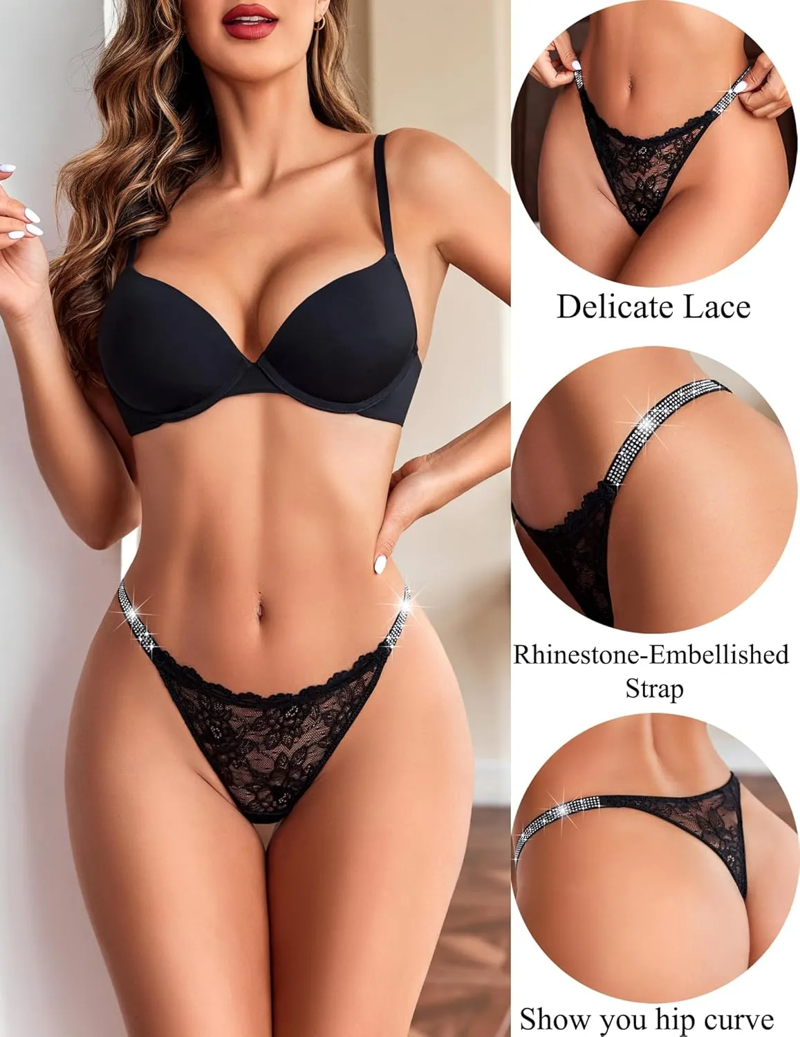 Avidlove Lace Thongs for Women with Rhinestone-Embellished Strap Cheeky Underwear Sexy Panties 1-3 Pack