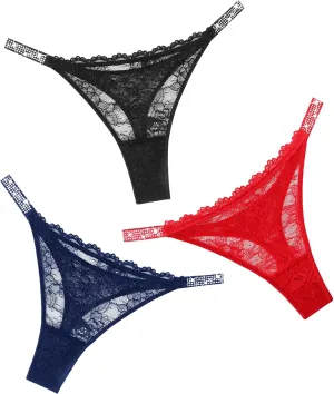 Avidlove Lace Thongs for Women with Rhinestone-Embellished Strap Cheeky Underwear Sexy Panties 1-3 Pack