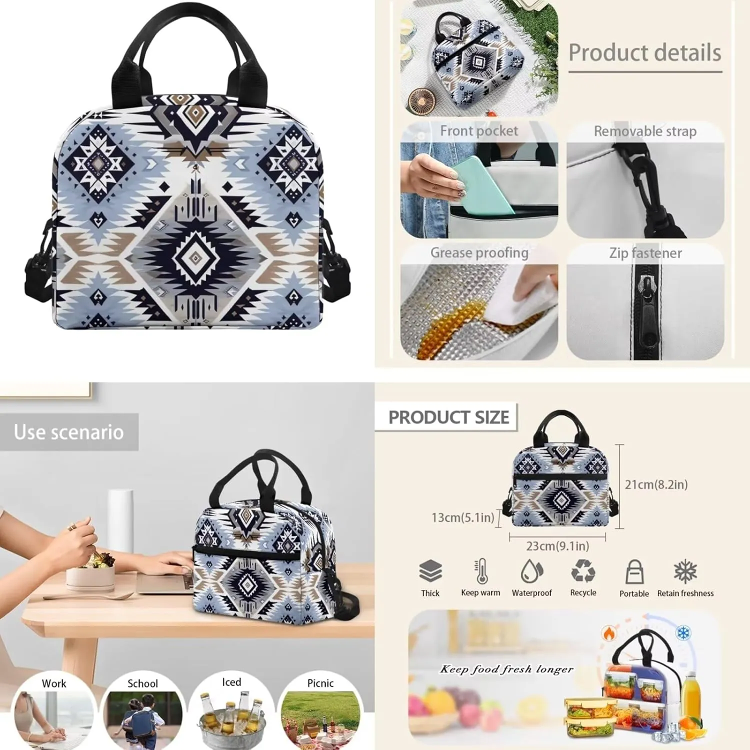 Aztec Boho School Bags for Teen Girls 10-12/12-14 Kids Backpack Set Middle School Students Bookbag Insulated Lunch Box Pencil Case Boys School Bag 17inch Back Pack Western Bagpack